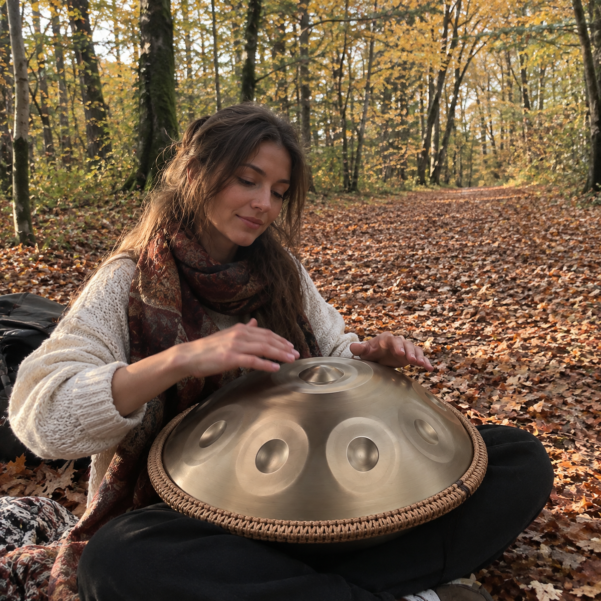 Une musicienne joue du handpan en forêt